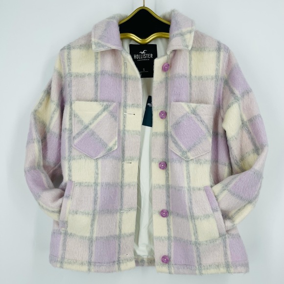✨NWT Hollister ASOS Lavender Cream Plaid Shacket Coat Shaggy Relaxed Streetwear - Picture 6 of 14